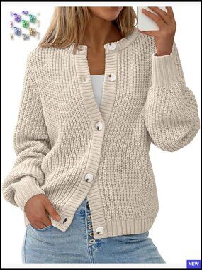 Oversized Button Front Cardigan Chunky Knit Crewneck Long Sleeve Cozy Fall